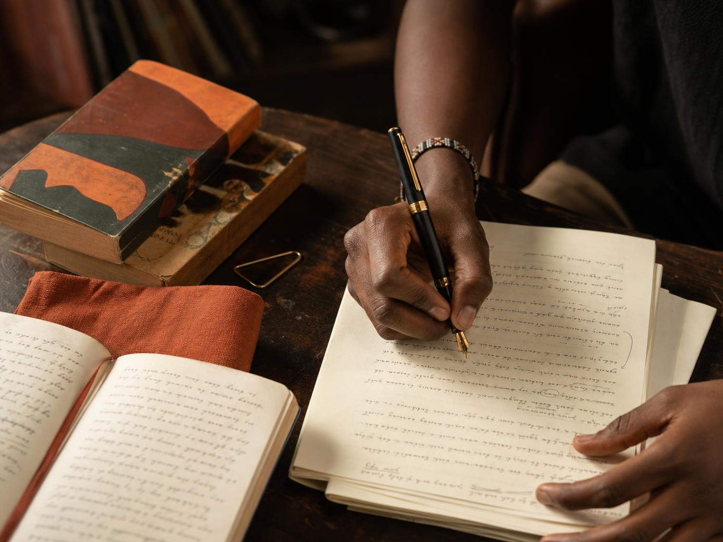 A young Nigerian writer editing handwritten manuscript pages at a wooden table