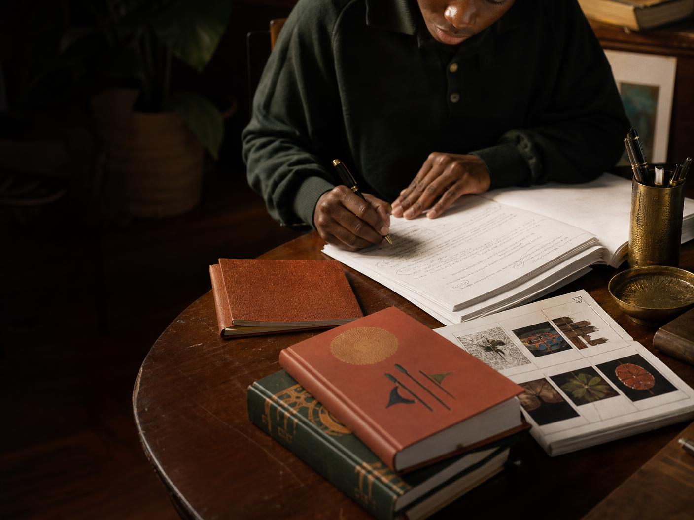 A young Nigerian writer reviewing a marked manuscript at a publishing desk