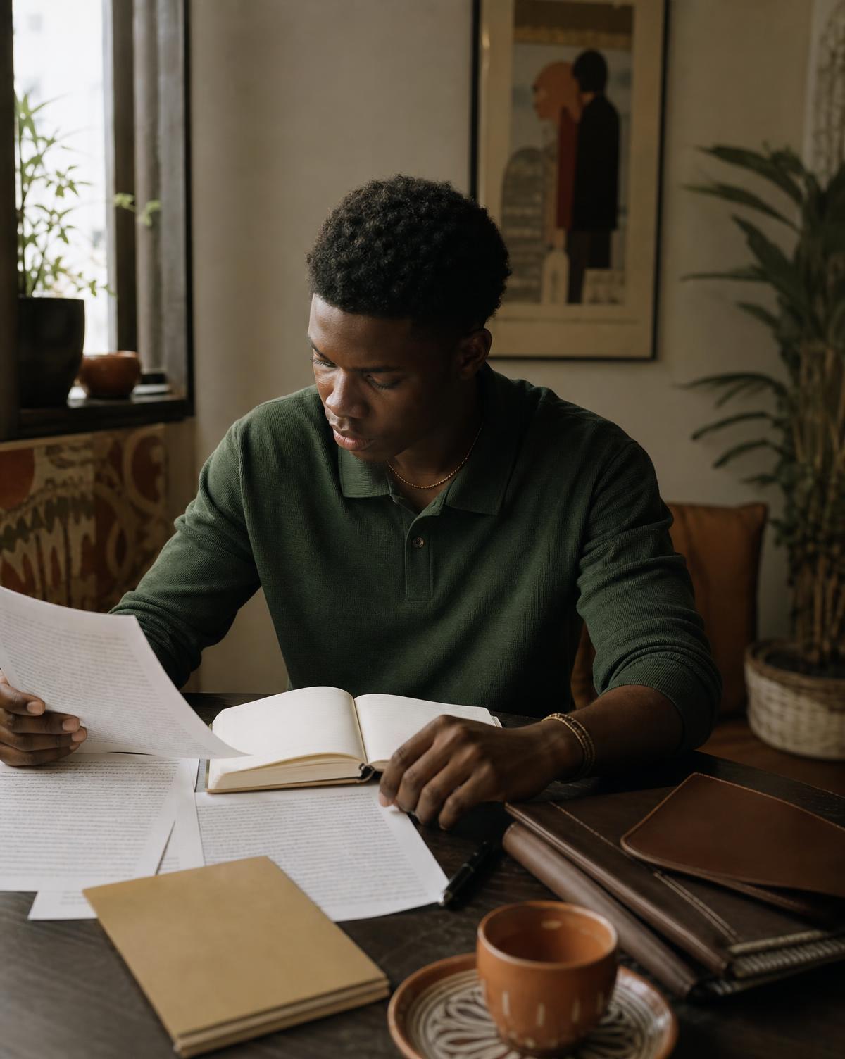 A young Nigerian writer preparing manuscript pages for submission