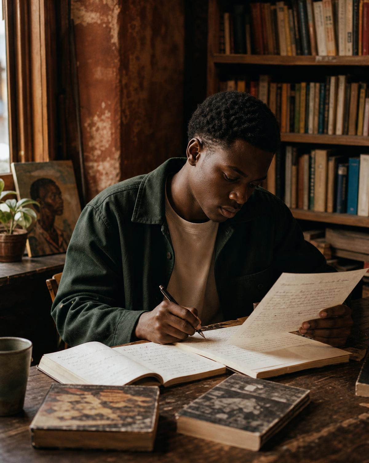 A young Nigerian writer thoughtfully reviewing handwritten manuscript pages in a book-lined room