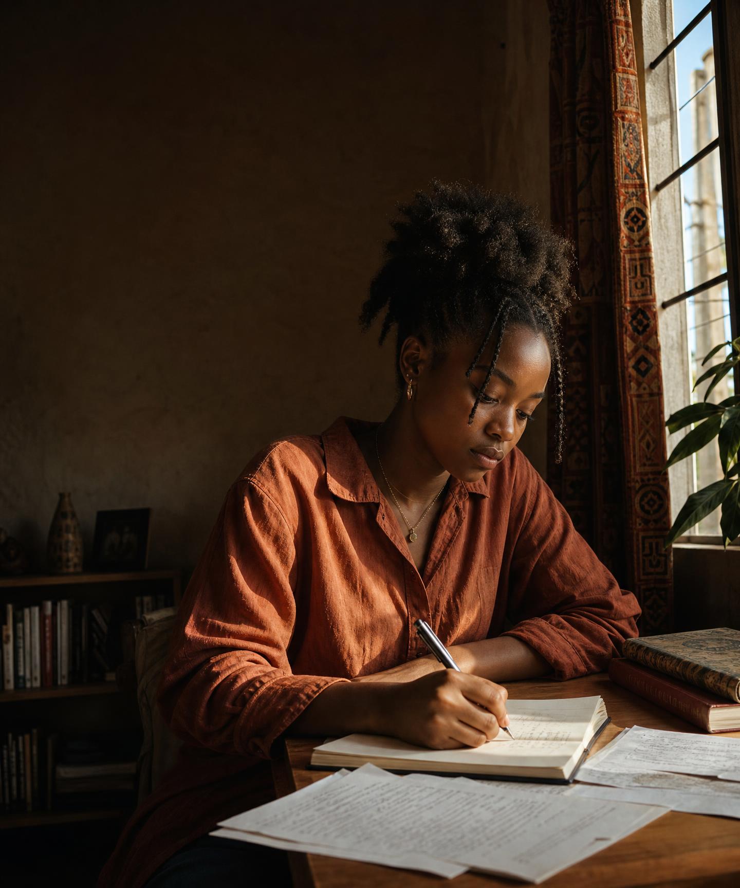 A young Nigerian writer working thoughtfully on her manuscript beside a sunlit window